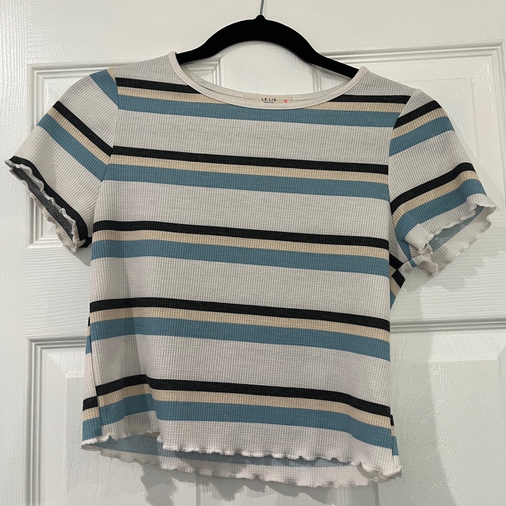 Womens Le Lis Striped Cropped Lettuce Hem Tee Size Small
